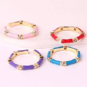 Fashionable bamboo-style gold-plated open rings with colorful drip oil and white zircon