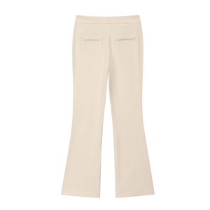 Vue détaillée à plat du pantalon évasé beige à taille haute et coupe professionnelle