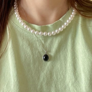 925 Sterling silver layered necklace with white pearls and black oval pendant