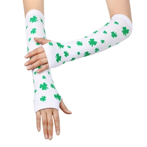 White fingerless knit arm sleeves with green shamrock patterns for Saint Patrick Day