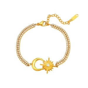 Bracciale in acciaio inossidabile placcato oro 14K con ciondoli stella e luna e zirconi