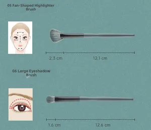 Dimensions détaillées du pinceau éventail illuminateur et du grand pinceau à paupières
