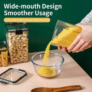 Transparent airtight food storage containers with black lids for dry grains and snacks