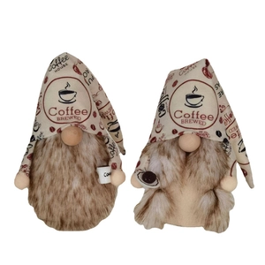 Detailed view of coffee-themed faceless gnomes with coffee cup and beans decorations