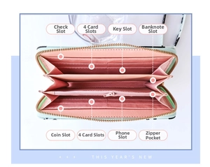 Detailed interior of women long wallet with multiple card slots and zipper compartment