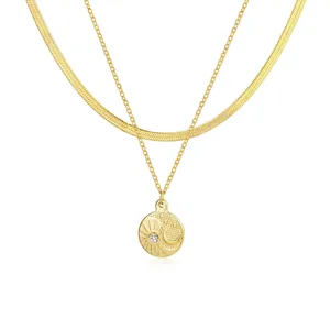 Collana a Doppio Strato in Acciaio Inossidabile Placcato Oro 18K Catena a Ossa di Serpente Pendente Malocchio Sole Strass Gioielli Donna