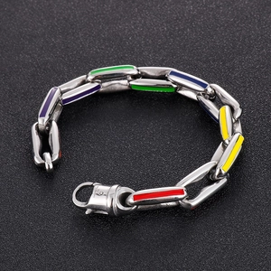 Hip hop rainbow enamel cuban chain bracelet in silver 316L stainless steel for men