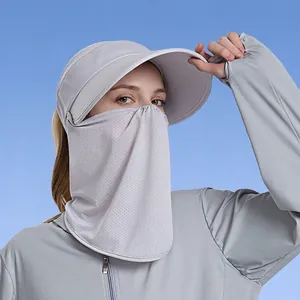 Breathable gray sun hat with wide brim and face cover for summer outdoor protection