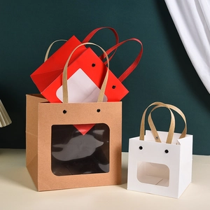 Smile Face Gift Paper Bags With Transparent Window Kraft Cardboard Tote Pouch Handle Square Bottom For Flower Cake Wedding
