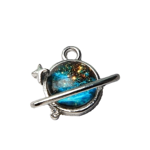 Saturn planet charm pendant with dark blue starry sky pattern and silver metal ring