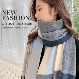Checked Plaid Scarf Faux Cashmere Tassel Thick Warm Winter Shawl Long Wrap For Women