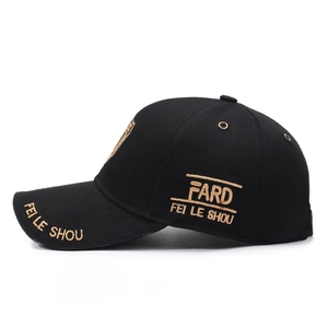 Classic black baseball cap with golden embroidery FEI LE SHOU on cotton twill fabric