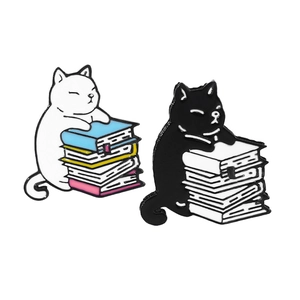 Cartoon Cat Alloy Enamel Pin Cute Reading Black White Cat Brooch Badge For Backpack Clothing Jacket Accessory Jewelry Gift