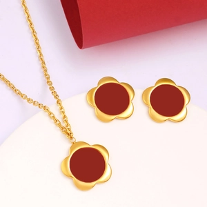 Elegant Stainless Steel Red Enamel Flower Jewelry Set For Women Gold Plated Floral Pendant Necklace Stud Earrings Jewelry