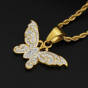 Butterfly Pendant Necklace Stainless Steel Enamel Rhinestone Hip Hop Jewelry Golden Creative Gift Accessory
