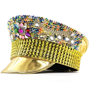 Gold Rhinestone Captain Hat Flat Top Military Festival Party Costume With Colorful Gems And Mirror Leather
