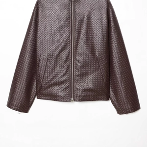 Women's dark brown woven leather jacket with turn-down collar and zipper closure
