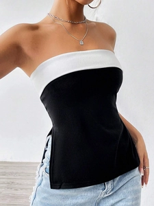 Dames Kleurblok Tube Top Polyester Spandex Slanke Pasvorm Strapless Bandeau Top Met Zijsplit Zomer Sexy Stijl