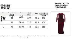 Detailed size chart with measurements for the elegant off-shoulder velvet ruched dress
