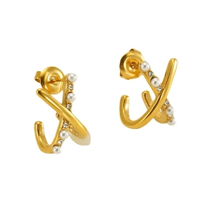 Gold-plated stainless steel X-cross earrings with pearls and crystal rhinestones