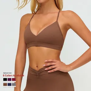 Ensemble soutien-gorge de yoga col V et legging taille haute marron café chaud