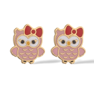 Macro shot of owl studs with pink and red enamel, gold edges, and red bow details