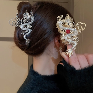 Elegant Chinese dragon hair claw clips in gold and silver with rhinestones and pearls