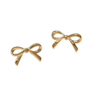 Minimalist golden bow stud earrings in stainless steel on a white background