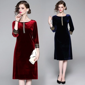 Abito Midi Elegante In Velluto Da Donna Con Ricamo Di Paillettes E Perline Manica A Tre Quarti Vestibilità Aderente Vintage