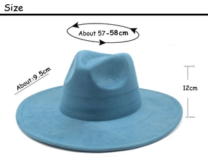 Detailed dimensions of wide brim suede fedora hat with 9.5cm brim and 58cm circumference