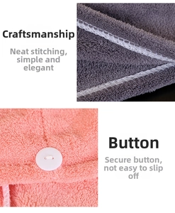 Detail view of microfiber hair drying cap featuring fine stitching and secure white button