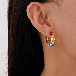 Rainbow geometric glass hoop earrings with colorful crystal beads for women