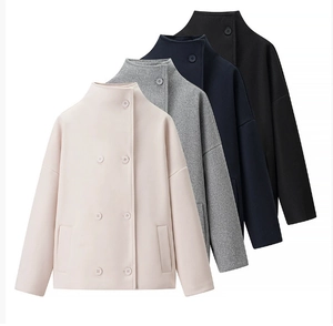 Short double-breasted wool jacket available in beige, grey, navy, and black colors