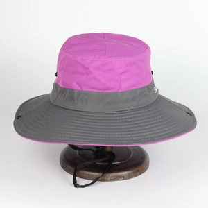 Outdoor sun hat with ponytail hole and breathable purple mesh for hiking and fishing