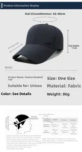 Size guide for men's baseball cap showing head circumference measurements and dimensions