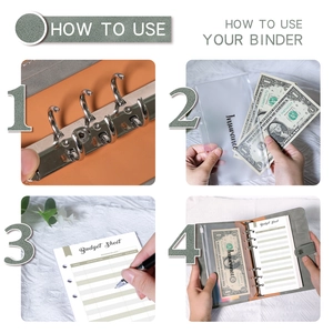 Detailed four-step guide showing how to use the A6 PU leather budget binder with zipper bags