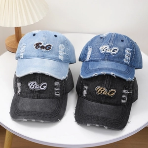 Vintage Distressed Washed Denim Baseball Cap Ripped Letter Embroidery Sun Protection Casual Streetwear Unisex Hat