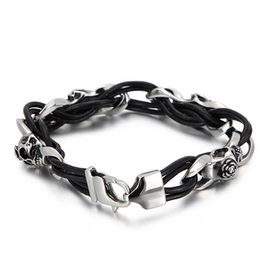 Punk Herren Lederarmband geflochten mit Totenkopf und Rose aus Edelstahl Details