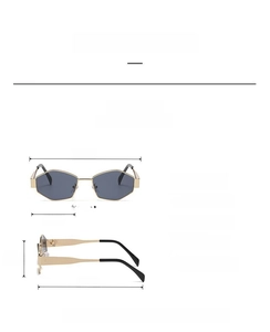 Detailed size chart for unisex polygonal metal sunglasses with frame dimensions
