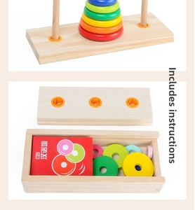 Détail de la tour de Hanoï en bois avec anneaux colorés, boîte de rangement et manuel