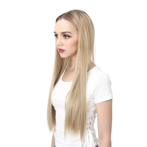 Long straight blonde U-part synthetic hair extension for women shown on model side profile