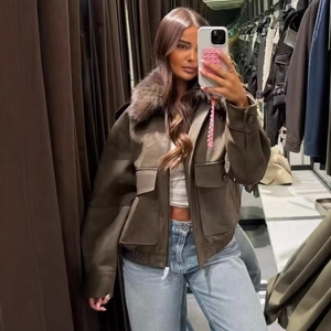 Women's brown faux leather jacket with a detachable dark brown faux fur collar