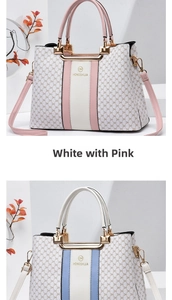 Detail of printed tote bags in white/pink and white/blue with gold-tone hardware