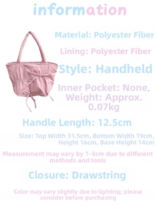 Size chart showing dimensions and polyester material specs for the pleated handbag