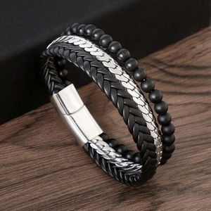 Men Multi-Layer Bracelet With Stainless Steel Chain Braided Leather And Matte Obsidian Beads Magnetic Clasp Trendy Fashion