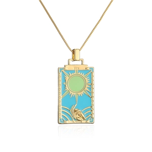 Vintage 18K gold plated Sun Tarot card pendant necklace with blue and green enamel details