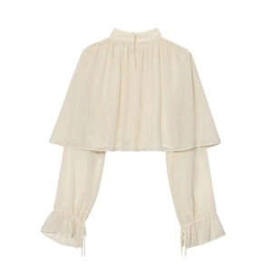 Elegant apricot chiffon blouse featuring a standing collar with delicate ruffled detailing