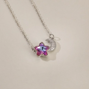 Collar Y2K plateado con colgante de luna y estrella en cristal violeta degradado