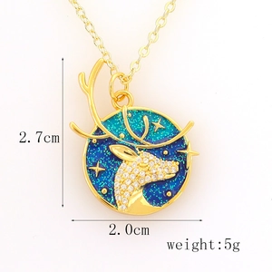 Detail showing colorful enamel deer pendant with dimensions of 2.7cm by 2.0cm and 5g weight