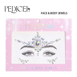 Face and body jewels set with colorful acrylic rhinestones and pearls on pink card
